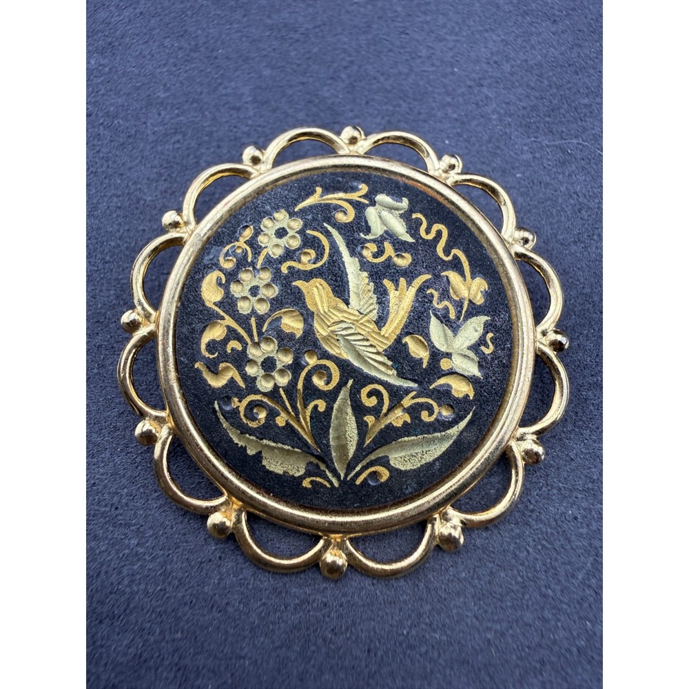 Vintage Damascene Brooch Bird Floral Gold Tone Scalloped Edge Cottagecore